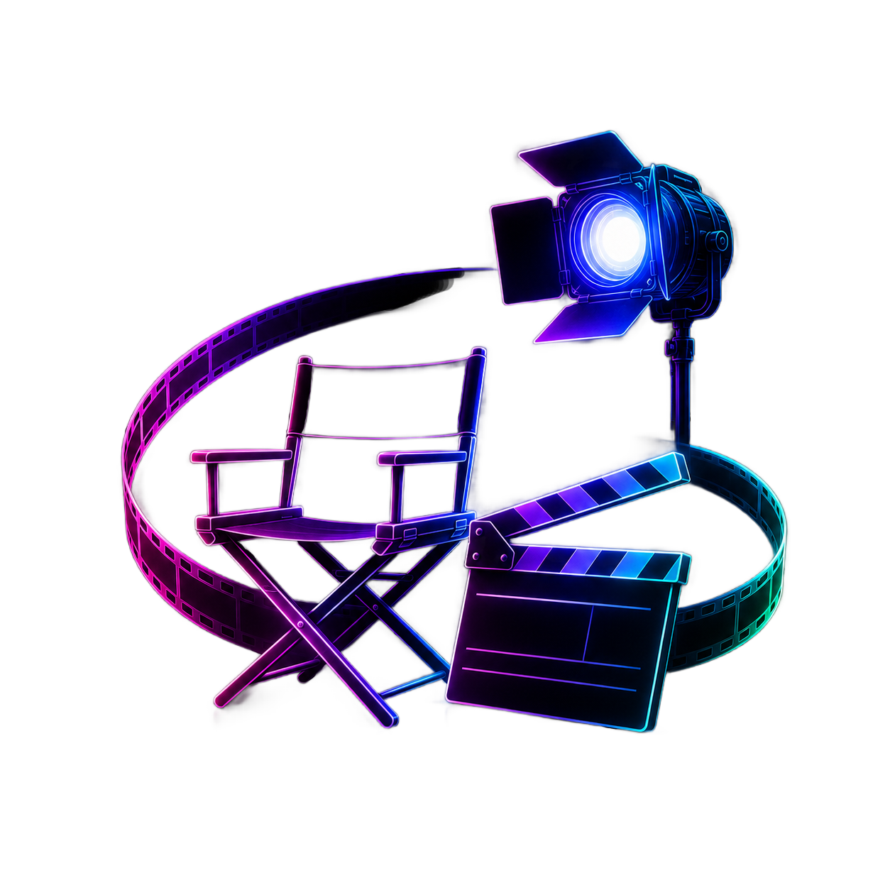 Film and television production artwork with director chair, clapperboard, studio light and filmstrip